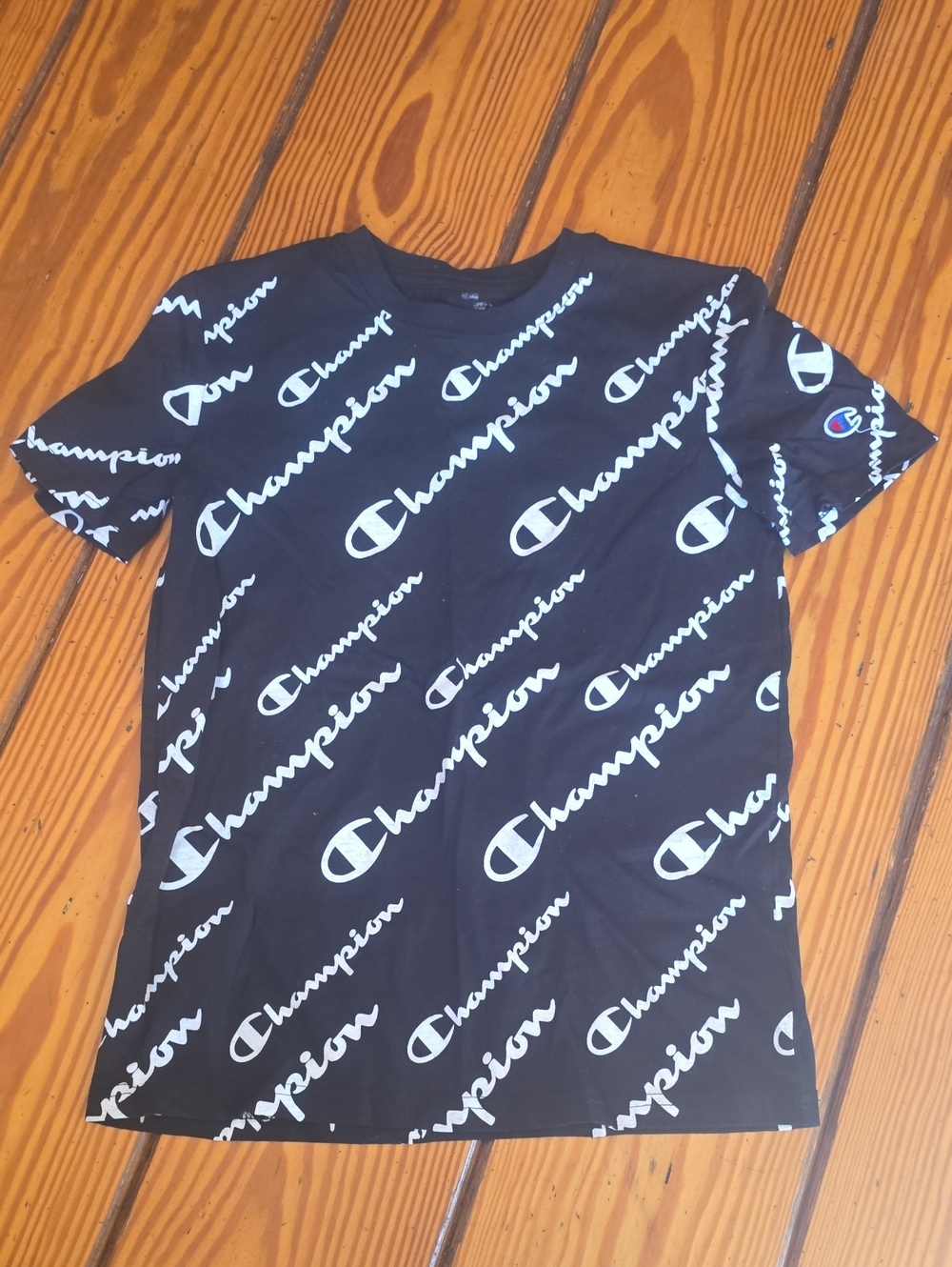 Champion Black Tee with White Allover Logos Kids Large